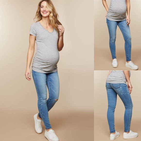 NEW Isabel Maternity Inset//Side Panel Distressed Dark Wash Skinny Jeans multi Sz